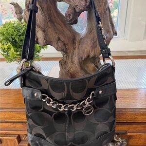 Coach Black Signature Chain-Accent Shoulder Bag with Silver Hardware